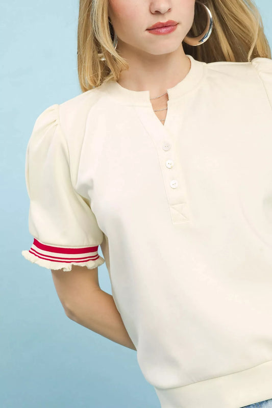 Umgee Puff Sleeve Button Front Top with Contrast Trim - Sleekdenim.com