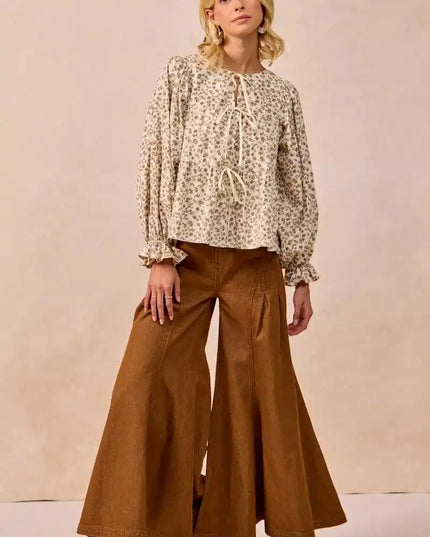 BiBi Floral Printed Peplum Blouse with Shirring and Tied - Sleekdenim.com