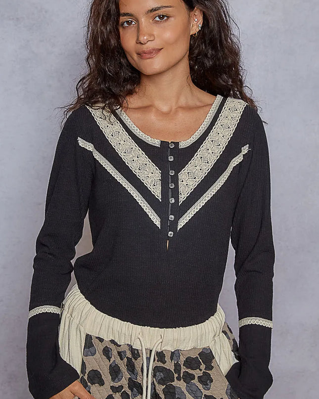 POL Ribbed Half Button Lace Detail Knit Top - Sleekdenim.com