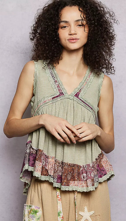 POL Lace Detail Ruffled Ribbed Sleeveless Top with Floral Pattern Trim Detail - Sleekdenim.com