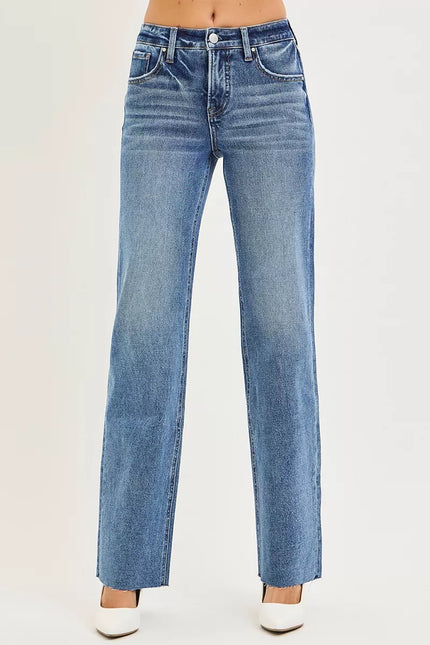 RISEN Tummy Control 4 Way Stretch Mid Rise Straight Jeans - Sleekdenim.com