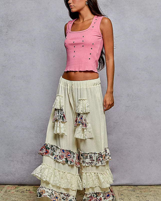 POL Drawstring Double Gauze Wide Leg Pants with Print and Lace Ruffle - Sleekdenim.com