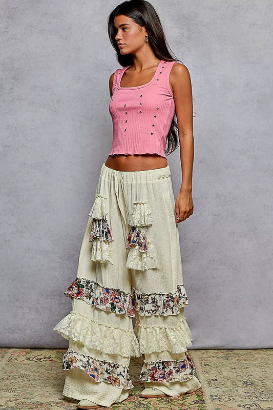 POL Drawstring Double Gauze Wide Leg Pants with Print and Lace Ruffle - Sleekdenim.com