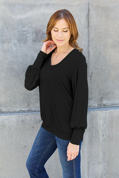 Basic Bae Full Size V-Neck Lantern Sleeve Top Black