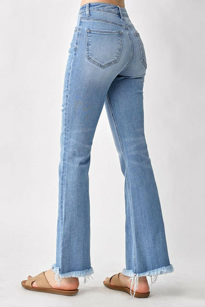 RISEN High Rise Frayed Hem Bootcut Jeans.