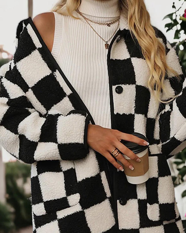 Black Checkered Side Pockets Collared Buttoned Fleece Jacket