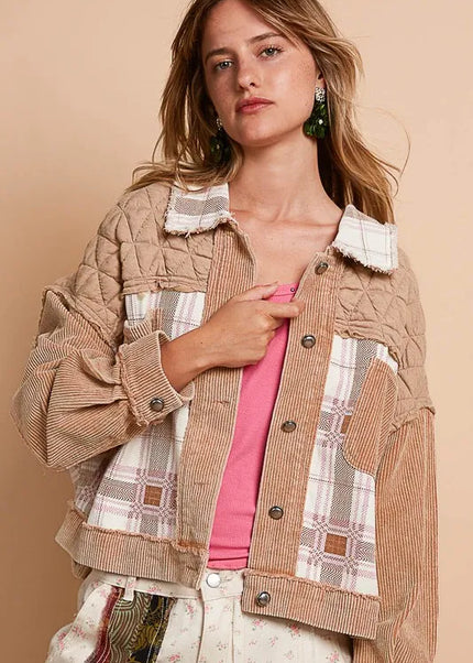 POL Corduroy Jacquard Patchwork Button Up Jacket - Sleekdenim.com