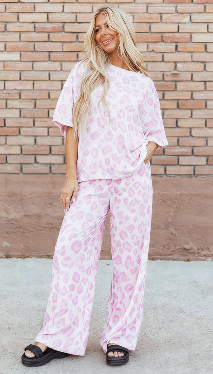Pink Leopard Two Piece Top and Pants Set - Sleekdenim.com