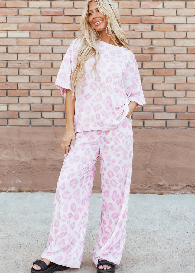Pink Leopard Two Piece Top and Pants Set - Sleekdenim.com