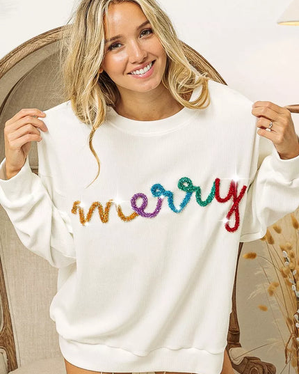 BiBi Merry Tinsel Lettering Drop Shoulder Sweatshirt - Sleekdenim.com