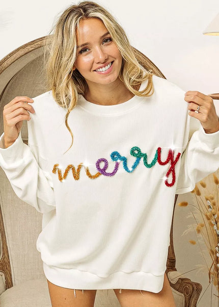 BiBi Merry Tinsel Lettering Drop Shoulder Sweatshirt - Sleekdenim.com
