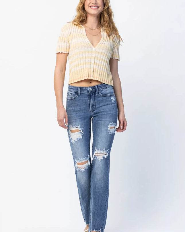 Judy Blue Full Size Mid Rise Destroy Straight Jeans Plus Size - Sleekdenim.com