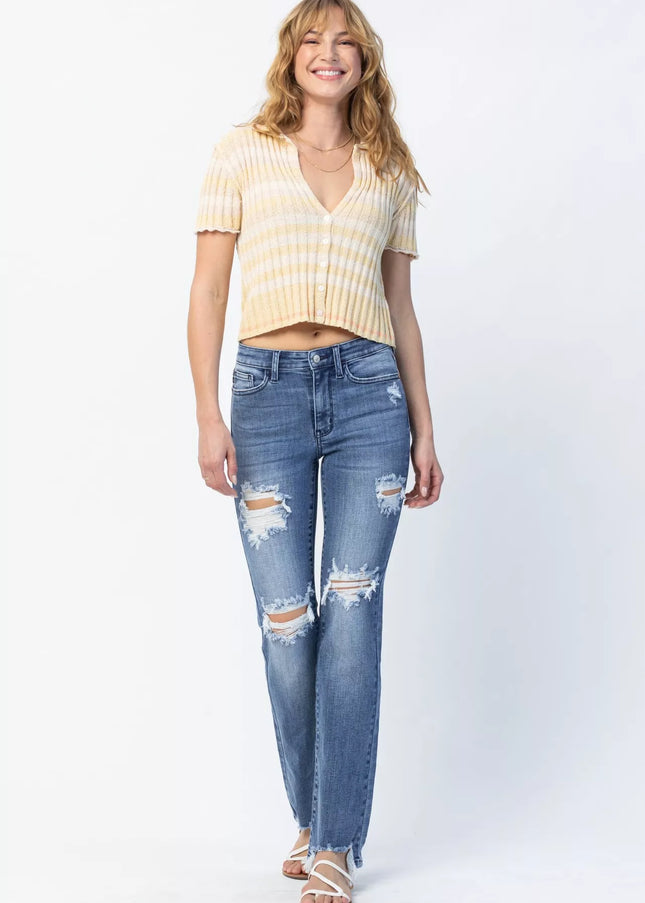 Judy Blue Full Size Mid Rise Destroy Straight Jeans Plus Size - Sleekdenim.com