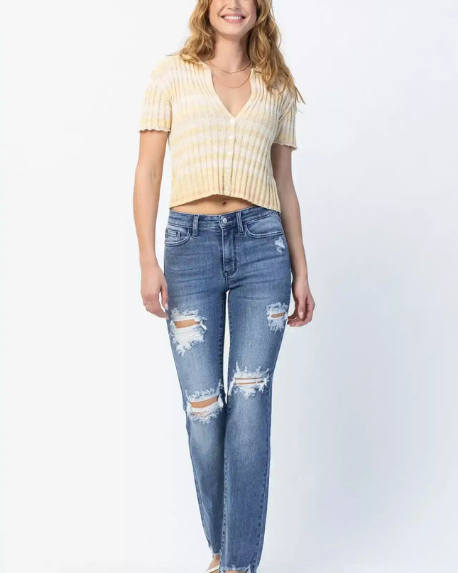 Judy Blue Mid Rise Destroy Straight Jeans 82425 - Sleekdenim.com