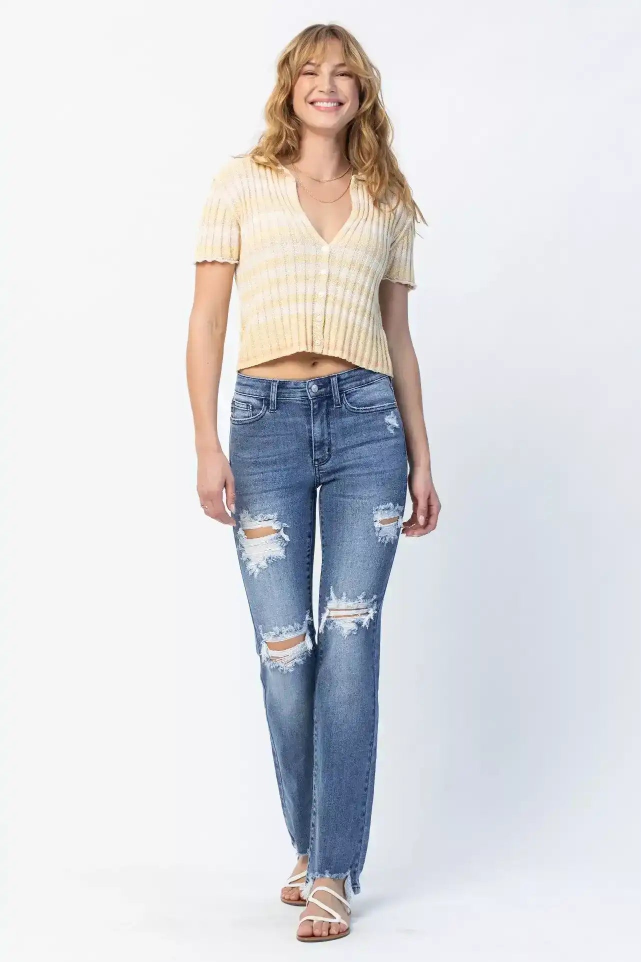 Judy Blue Mid Rise Destroy Straight Jeans 82425 - Sleekdenim.com