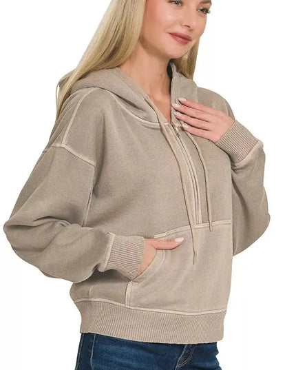 Zenana Fleece Pigment Dye Half Zip Kangaroo Pocket Hoodie - Sleekdenim.com