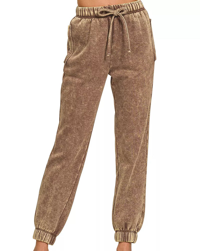 Zenana Acid Wash Fleece Sweatpants with Pockets - Sleekdenim.com