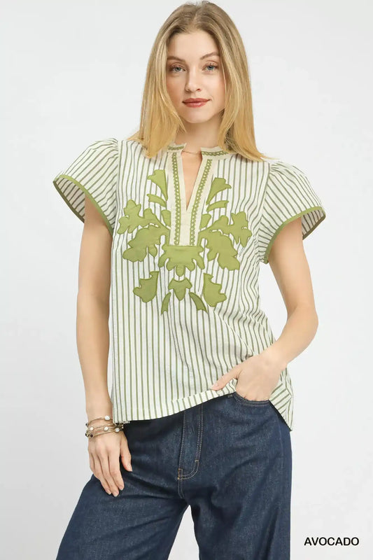 Umgee V-Neck Stripe Top with Lace Trim - Sleekdenim.com