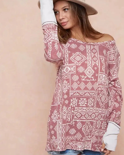 BiBi Aztec Print French Terry Top with Thumb Opening - Sleekdenim.com
