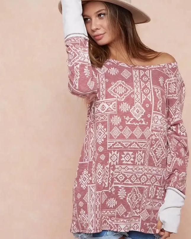 BiBi Aztec Print French Terry Top with Thumb Opening - Sleekdenim.com