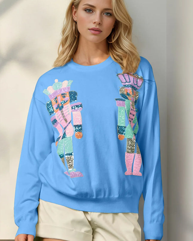 Double Take Full Size Sequin Nutcracker Long Sleeve Sweater - Sleekdenim.com