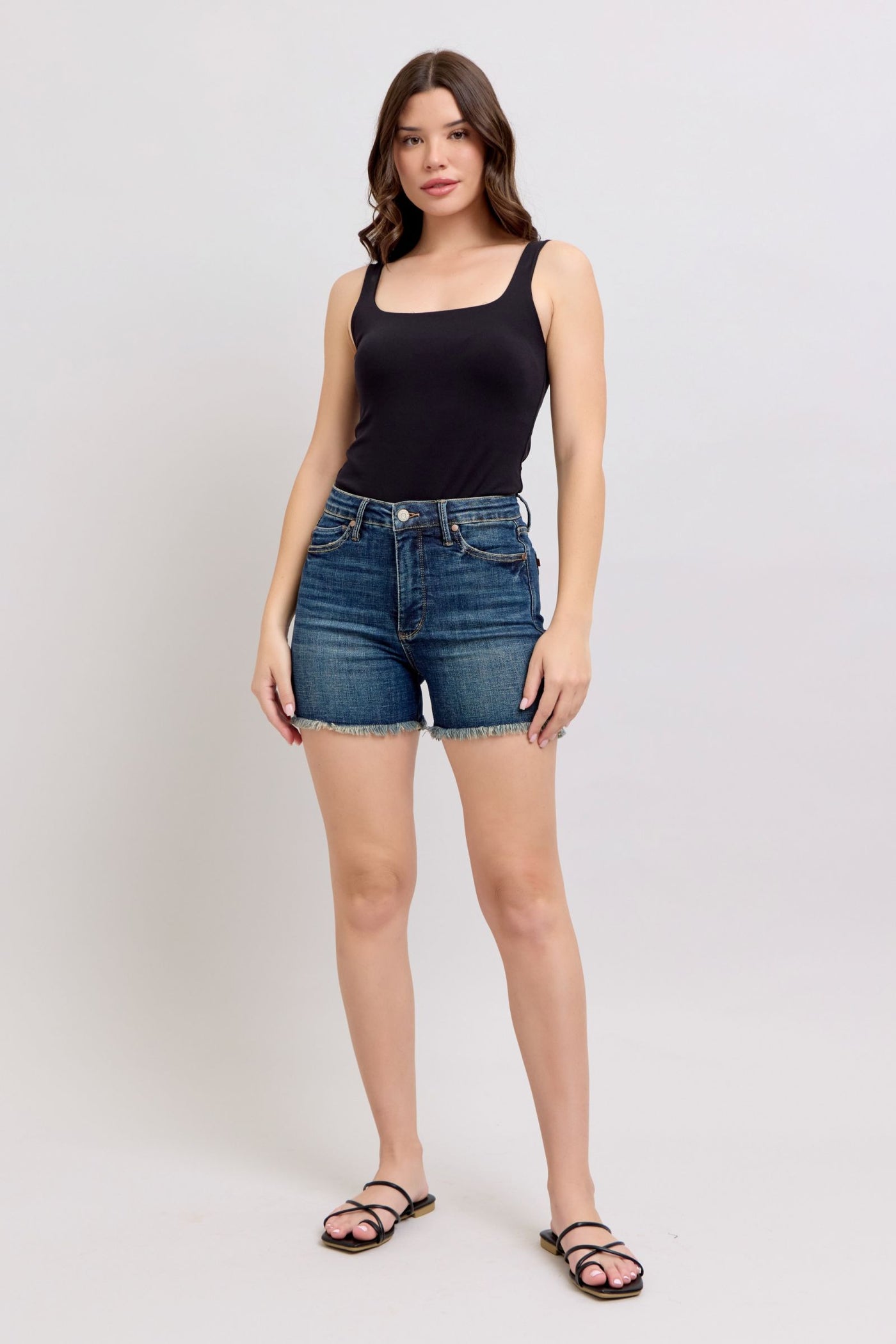 Judy Blue Tummy Control Fray Hem & Shield Back Pockets Denim Shorts | Sleekdenim.com