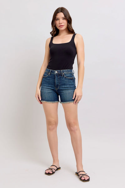 Judy Blue Tummy Control Fray Hem & Shield Back Pockets Denim Shorts | Sleekdenim.com