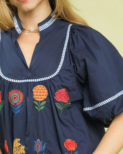 Umgee Embroidered Floral Puff Sleeve Top - Sleekdenim.com