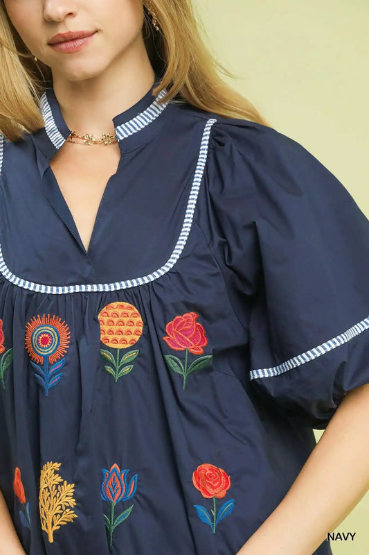 Umgee Embroidered Floral Puff Sleeve Top