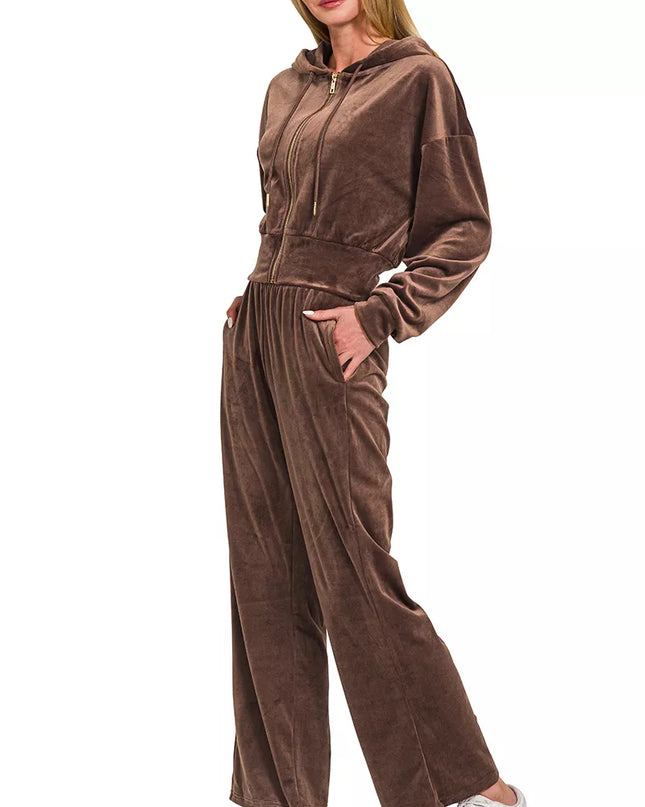 Zenana Velvet Zip Up Hoodie and Pants Set - Sleekdenim.com