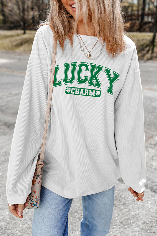 White LUCKY CHARM Graphic Corded Sweatshirt - Detail View 2