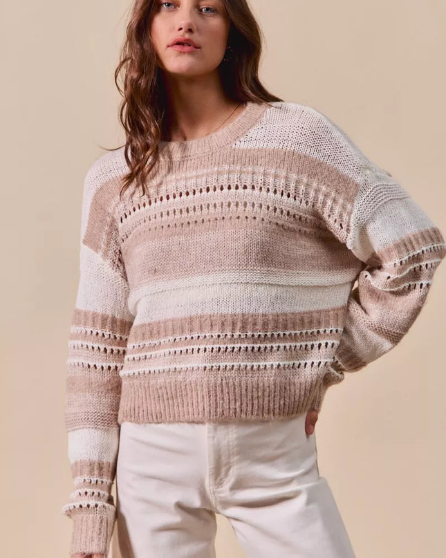 SO ME Variegated Stripe Textured Loose Fit Sweater - Sleekdenim.com