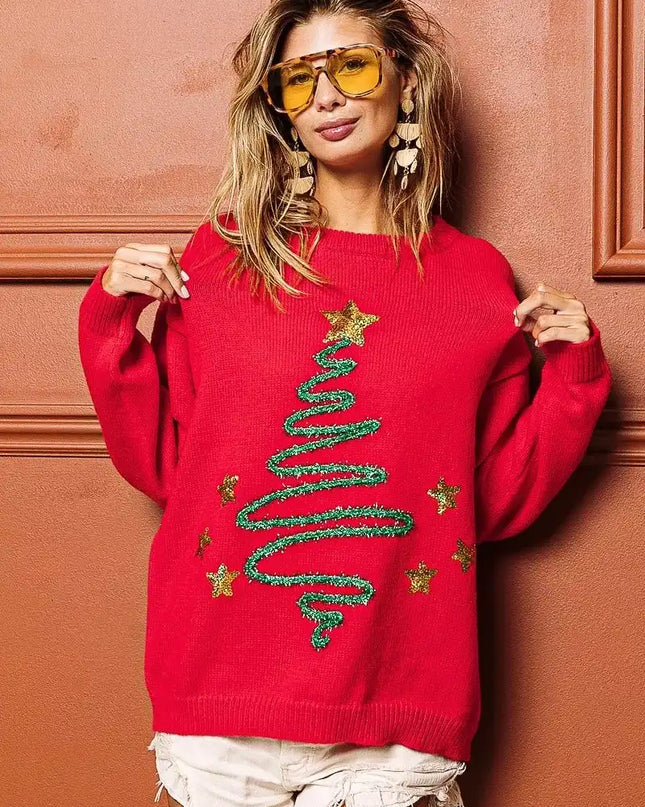 BiBi Sequin Star Tinsel Christmas Sweater - Sleekdenim.com