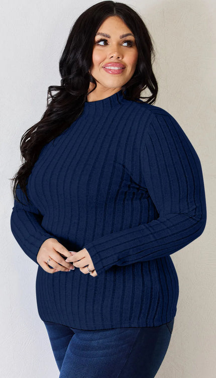 Basic Bae Full Size Ribbed Mock Neck Long Sleeve T-Shirt - Trendsi