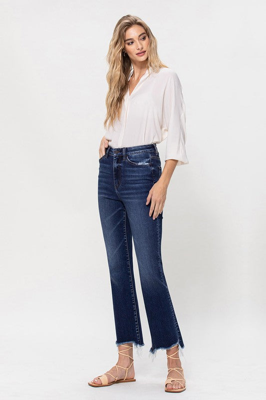 High Rise Distressed Hem Kick Flare Jeans | Sleekdenim.com