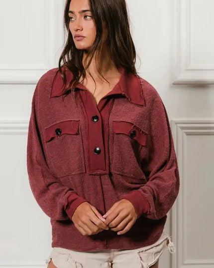 BiBi Cp French Terry Cut Edge Detail Collared Top - Sleekdenim.com