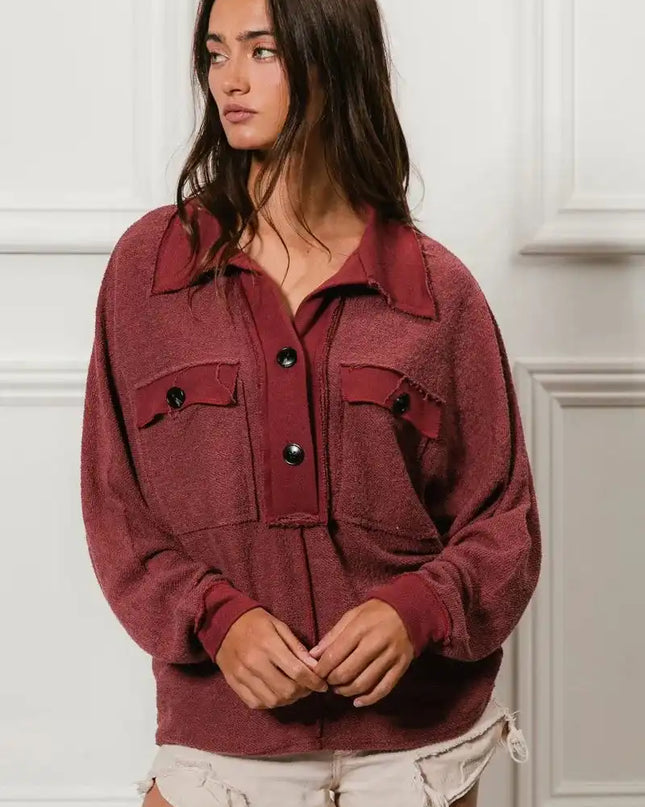 BiBi Cp French Terry Cut Edge Detail Collared Top - Sleekdenim.com