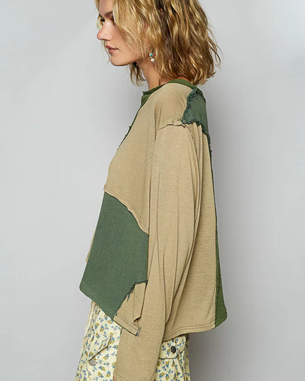 POL Color Block Notched Long Sleeve T-Shirt - Sleekdenim.com