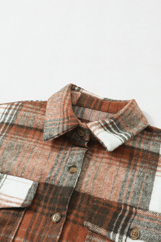Gold Flame & Grey Plaid Button Up Collared Flannel Shacket - Sleekdenim.com