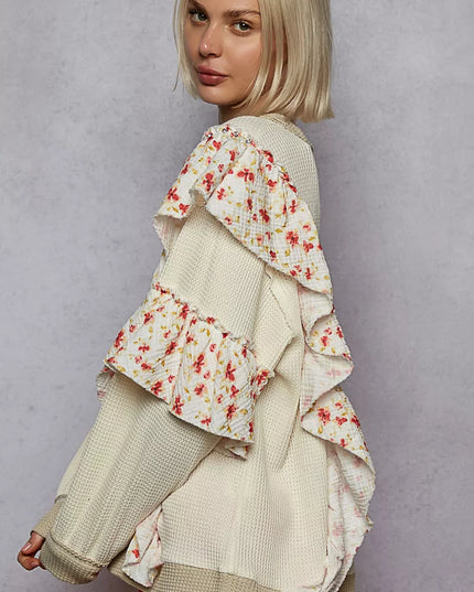 POL Round Neck Sweater with Floral Ruffle Detail - Sleekdenim.com