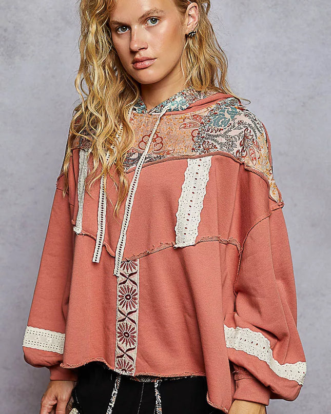 POL Drawstring French Terry Hoodie with Gauze Print Patch - Sleekdenim.com