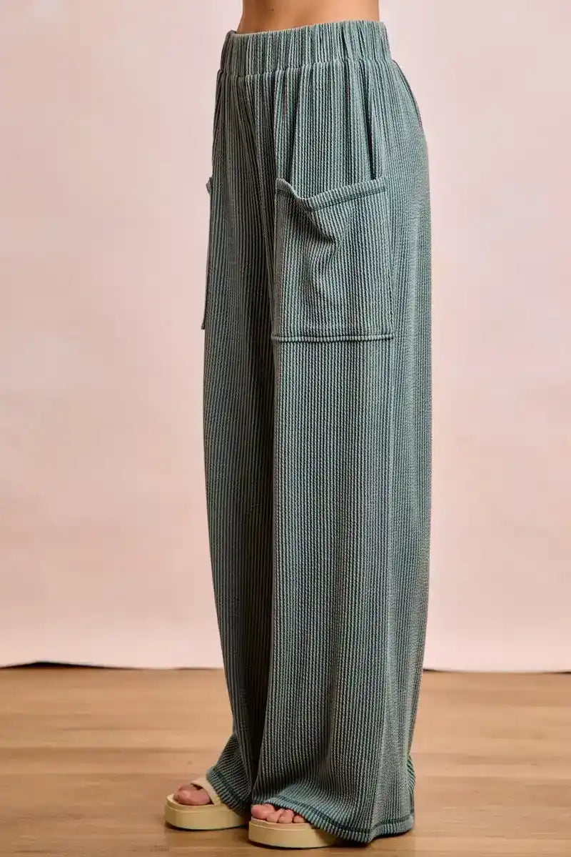 BiBi Two Tone Cord Rib Contrast Stitching V-Neck Top and Pants Set - Sleekdenim.com