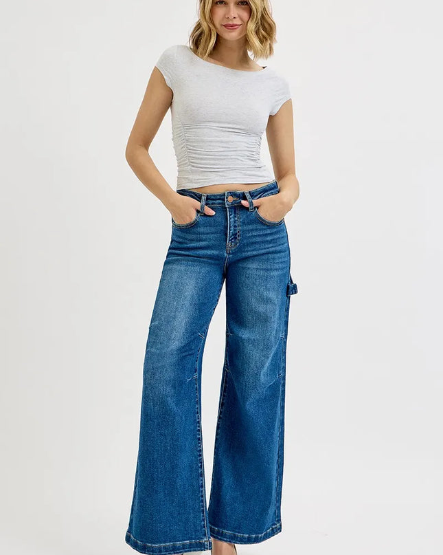 RISEN Full Size High Rise Wide Leg Patch Detailed Jeans Plus Size - Sleekdenim.com