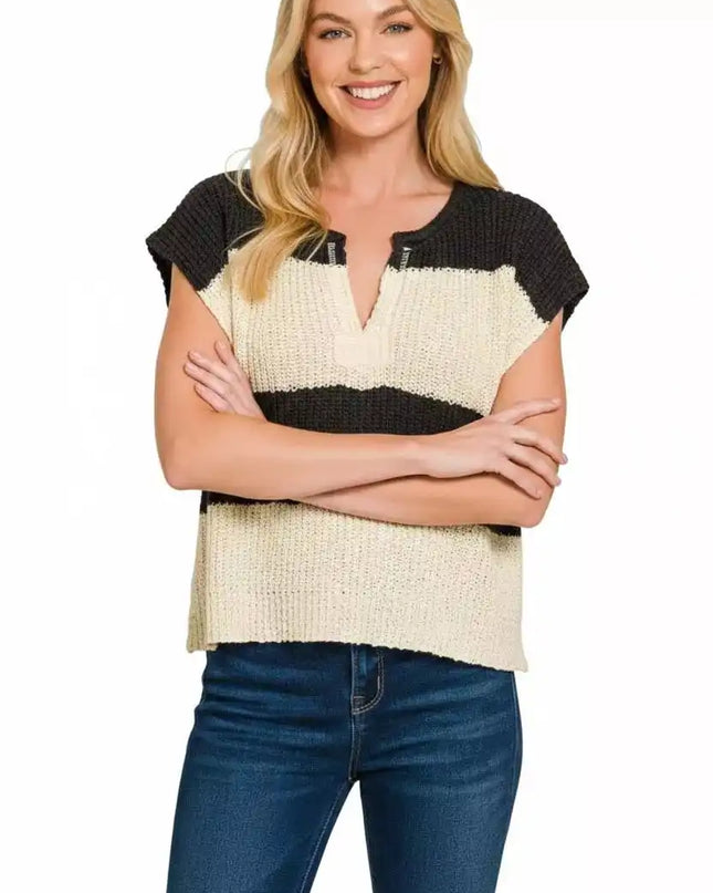 Zenana Split Neck Sleeveless Stripe Sweater - Sleekdenim.com