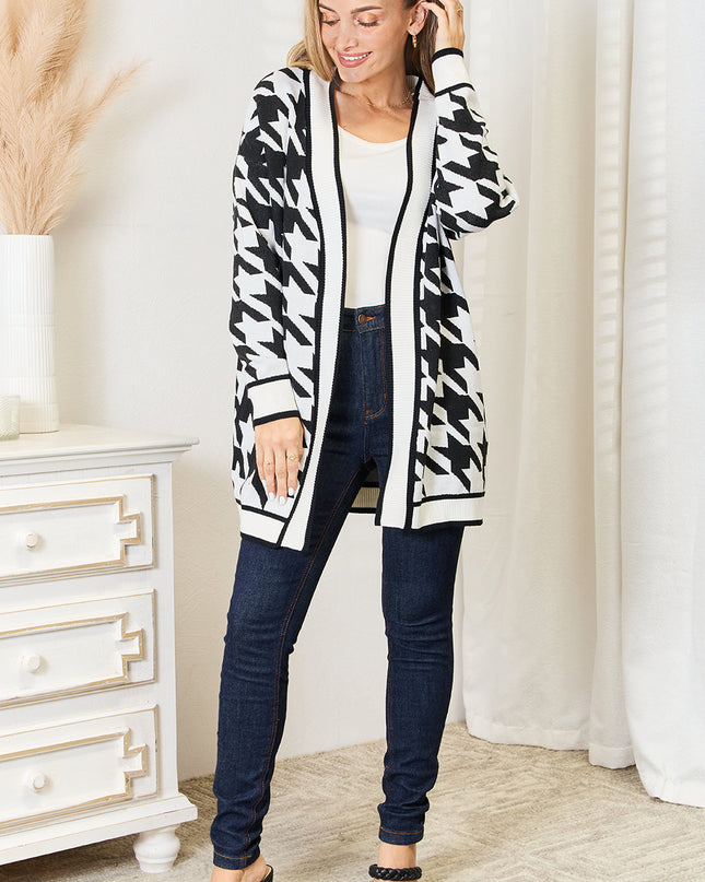 Mandy Woven Right Houndstooth Open Front Longline Cardigan - Sleekdenim.com