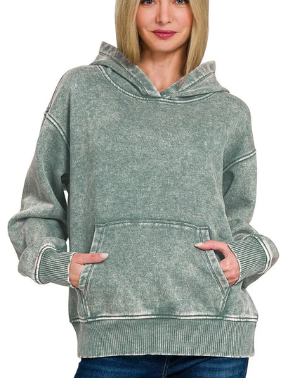 Zenana Fleece Acid Wash Kangaroo Pocket Hoodie - Sleekdenim.com