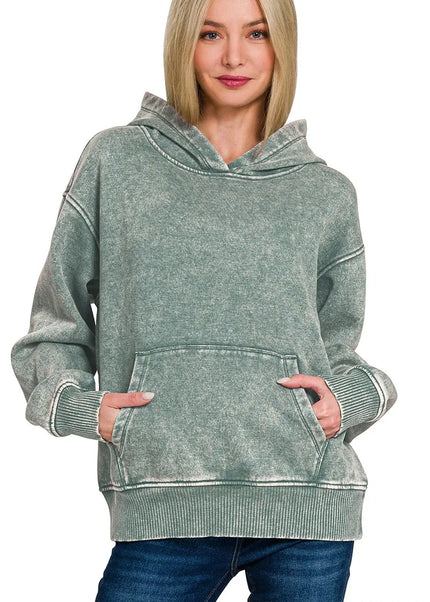 Zenana Fleece Acid Wash Kangaroo Pocket Hoodie - Sleekdenim.com