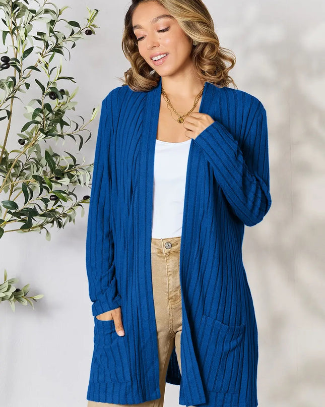 Basic Bae Full Size Ribbed Open Front Cardigan with Pockets - Sleekdenim.com