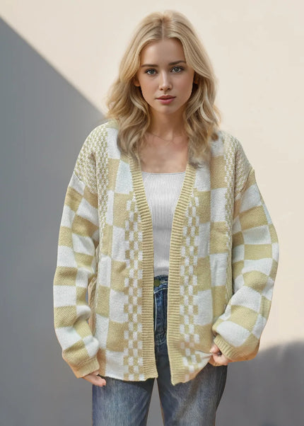 Double Take Checkered Open Front Dropped Shoulder Cardigan - Sleekdenim.com