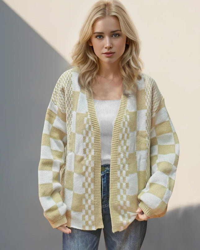 Double Take Checkered Open Front Dropped Shoulder Cardigan - Sleekdenim.com